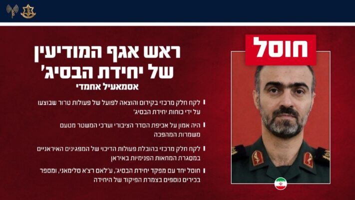 צה"ל חיסל את ראש אגף המודיעין של יחידת הבסיג' בטהרן
